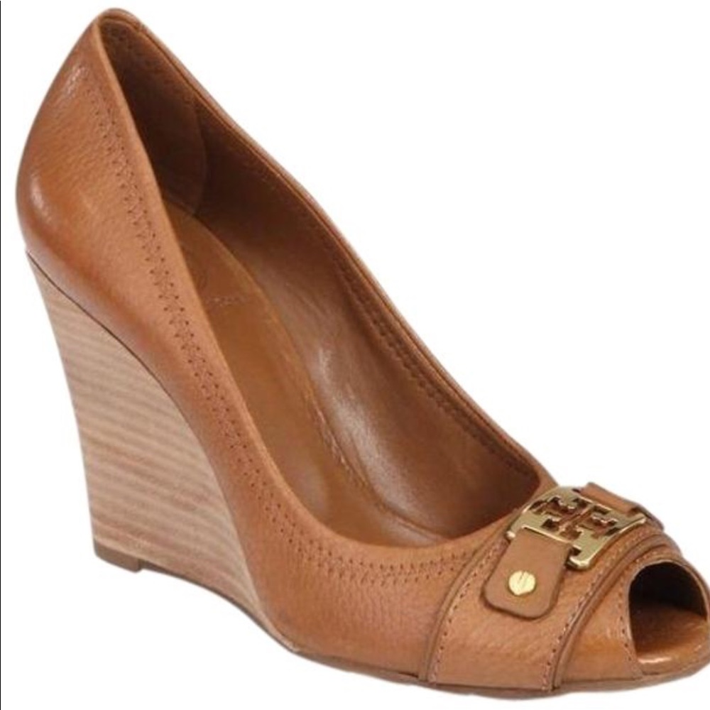 Tory Burch Carnell peep toe wedges brown 8.5